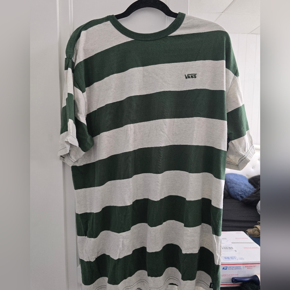 Vans Men's Green and White Striped Shirt